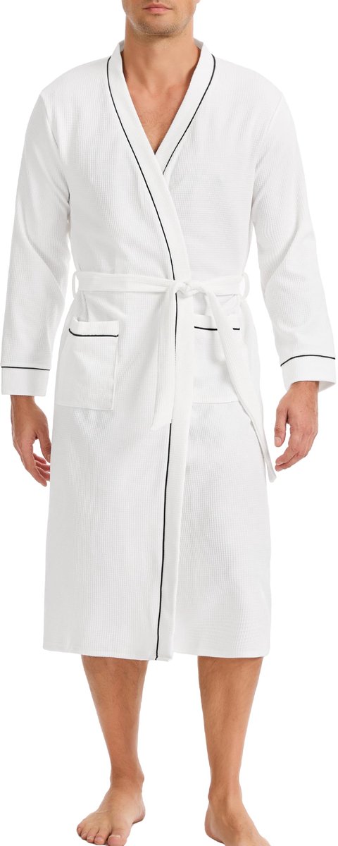 SnelShoppen - Lovasy Badjas voor Heren, Lange Mouwen, Wafelpiqué, Dikke Wafelstof, Ochtendjas, Saunamantel, Loungewear met Riem en Zakken, Maat S-3XL,