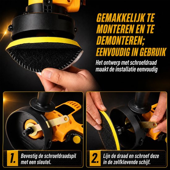 Demonstratie montage zelfklevende schijf op gele polijstmachine.