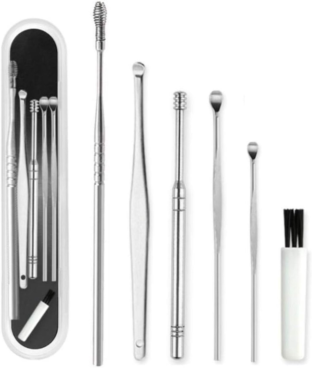 5-delige oorreiniger roestvrijstalen set met doos, oorsmeer curette, oor reinigingsgereedschap, roestvrijstalen oorsmeerverwijderaar spiraal, oorsmeerplukker(zilver)