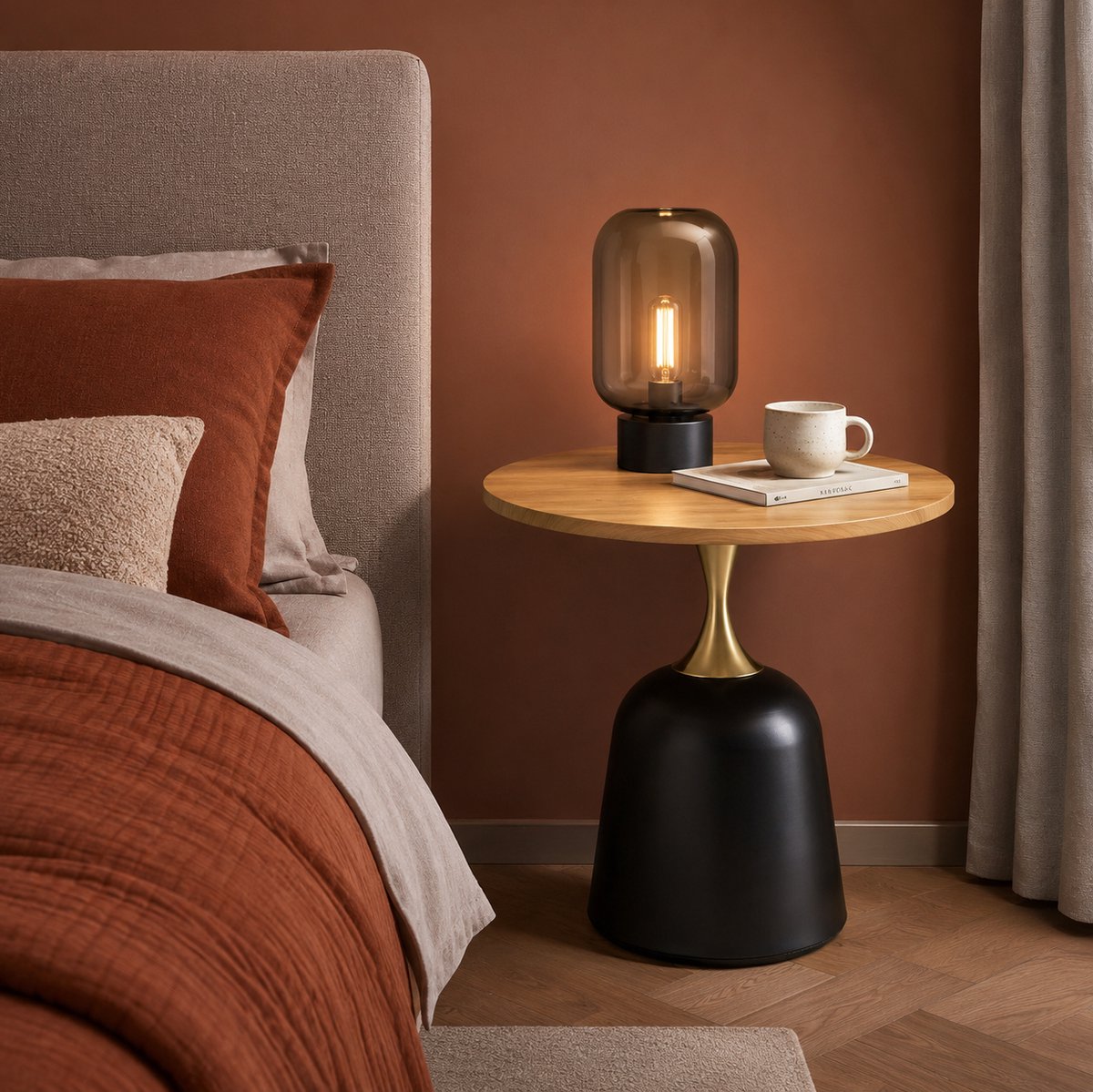 REDOM - Bijzettafel - Rond blad van 60 cm - Metalen onderstel met verzwaarde voet - Veelzijdig inzetbaar - Scandinavische stijl - Melamine - Houtkleur Zwart Goud - 60 x 60 x 58 cm