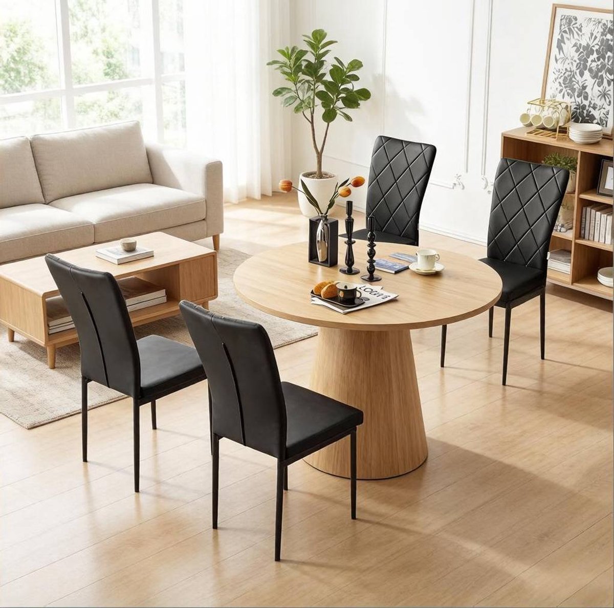 STILVORA Eetkamerstoel – Set Van 4 – Comfortabele Hoge Rugleuning Met Gewatteerde Zitting – Voor Eetkamer En Wachtkamer – Kunstleer Zwart
