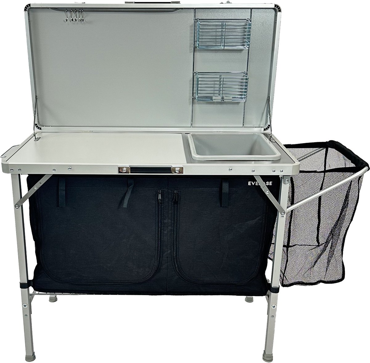 EveBase Silver Deluxe - Campingkeuken met Wasbak - Opvouwbare Campingkast met Opbergruimte en Organizers - Zilver/Zwart