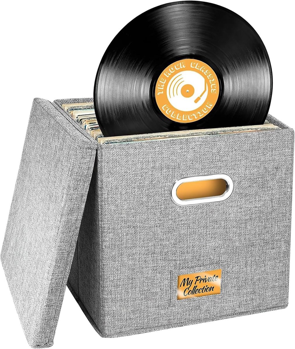 Opbergdoos voor 12" Vinylplaten met Deksel en Handvatten, Vouwbare Box voor Tot 100 Platen, Ideaal voor Albums, CD's en Tijdschriften