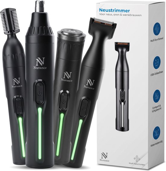 Vier zwarte Nuvance trimmers met groene LED-lichtjes en een doos. Inclusief neus-, oor-, wenkbrauw- en lichaamsopzetstuk.