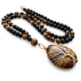 Zwart- en bruingekleurde kralenketting met tijgeroog-hanger – ketting voor dames en heren – fantasiehanger in boomvorm – kralenketting
