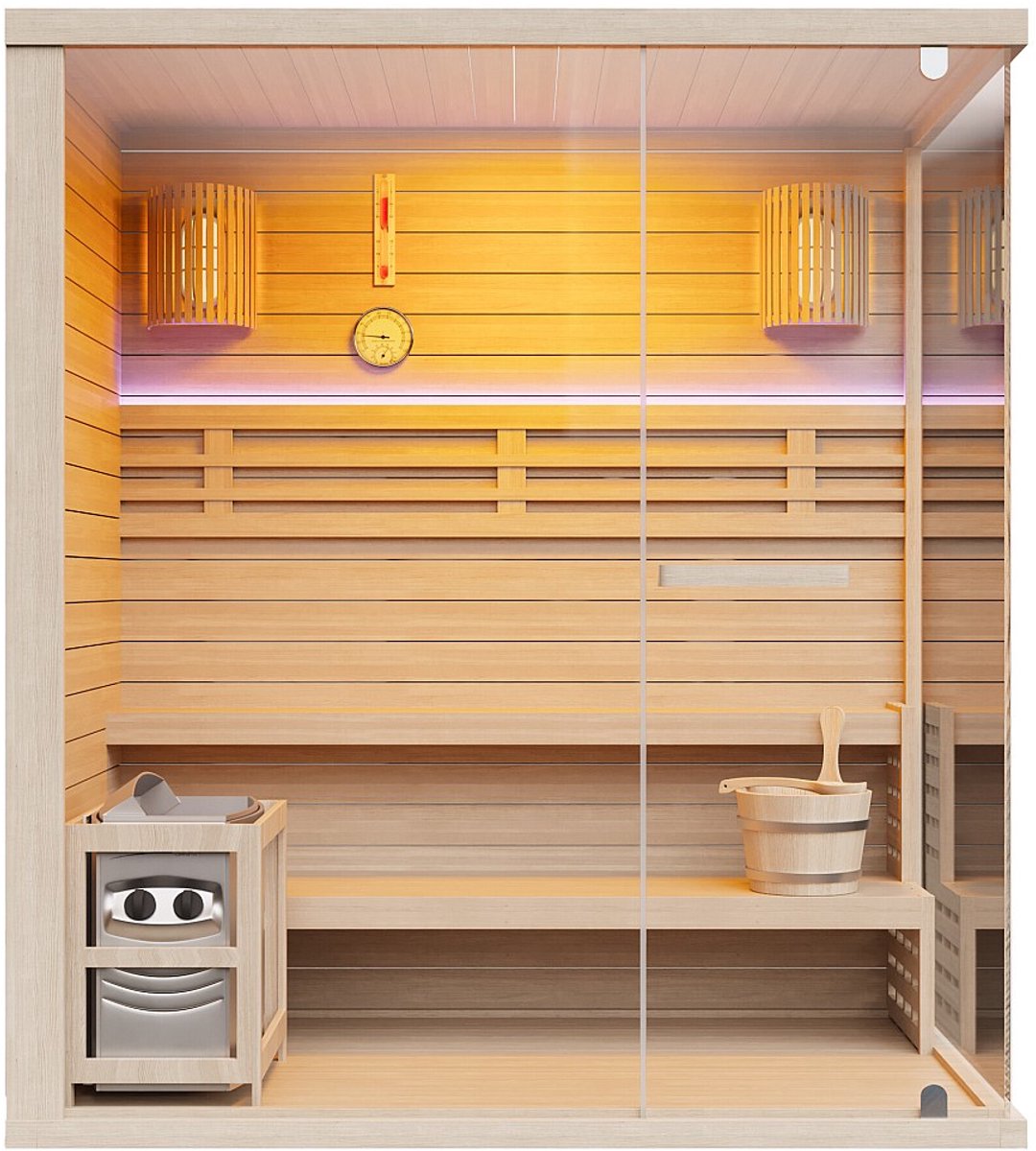 Vente-unique Fins glazen sauna met leds - 4/5 personen - B180 x D120 x H200 cm - SELKI