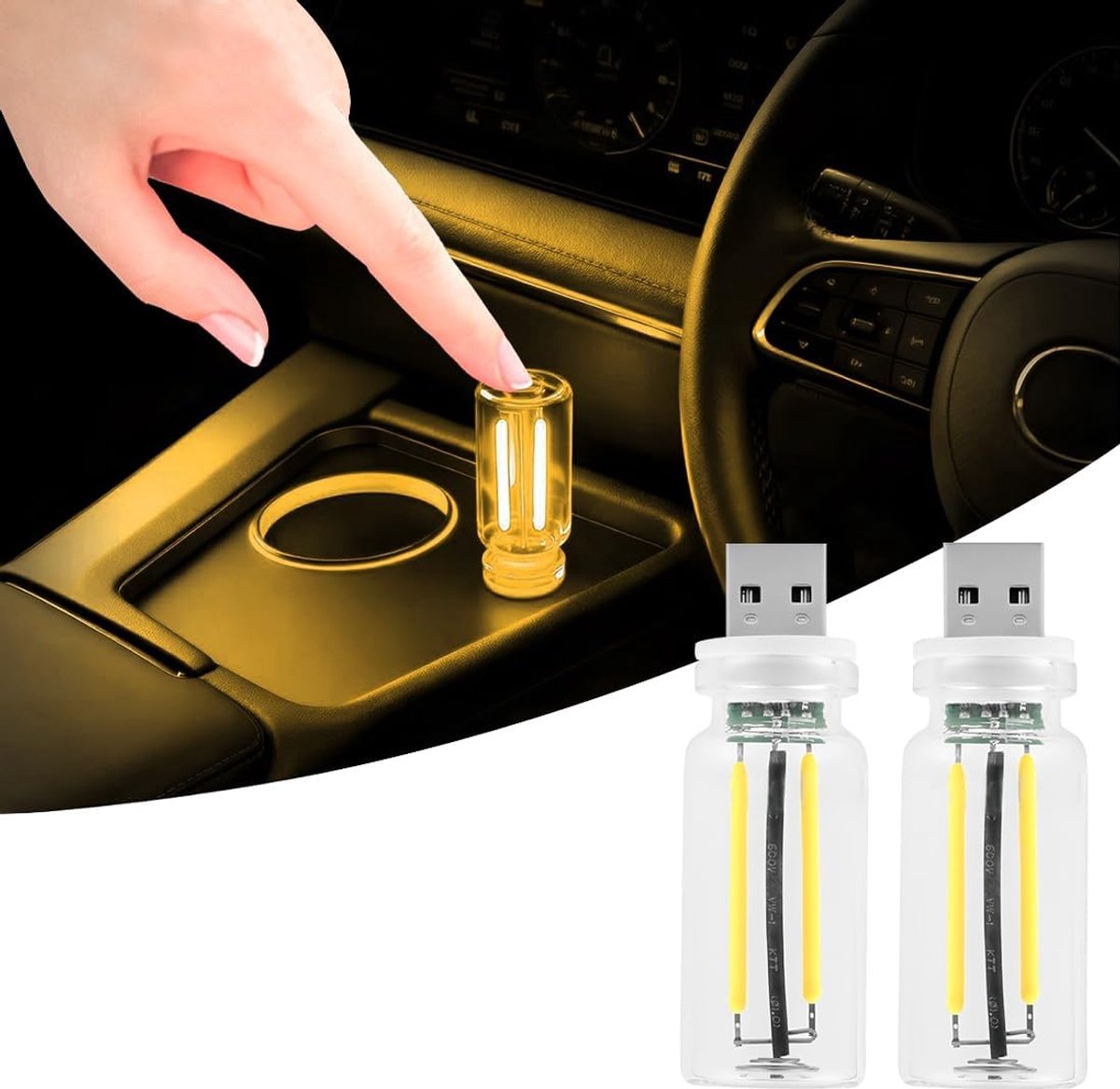 2 stuks retro autolampen, plug-in USB auto-interieurverlichting, USB-led-auto-interieurlamp, USB-led-sfeerlamp voor auto, slaapkamer, hal (geel)