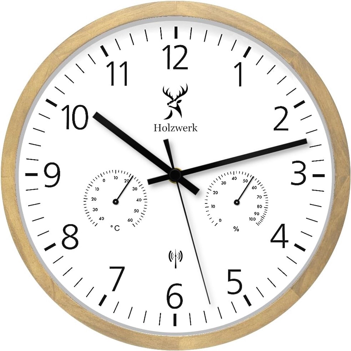SnelShoppen - Radiogestuurde Wandklok met Temperatuur- en Vochtmeter, Geruisloos Uurwerk in Bruin Beukenhout, 30 cm, Ideaal voor Woonkamer, Keuken en