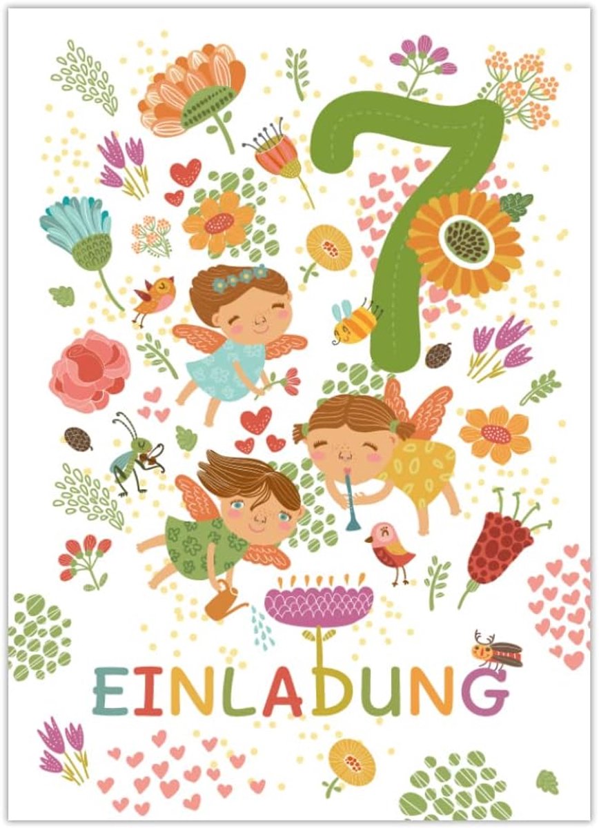 SnelShoppen - 12 Uitnodigingskaarten voor 7e Verjaardag Meisje - Feestkaart Fairy Design - 300g/m² - 10.5x14.8 cm - Made in Duitsland - Kinderen - Fee