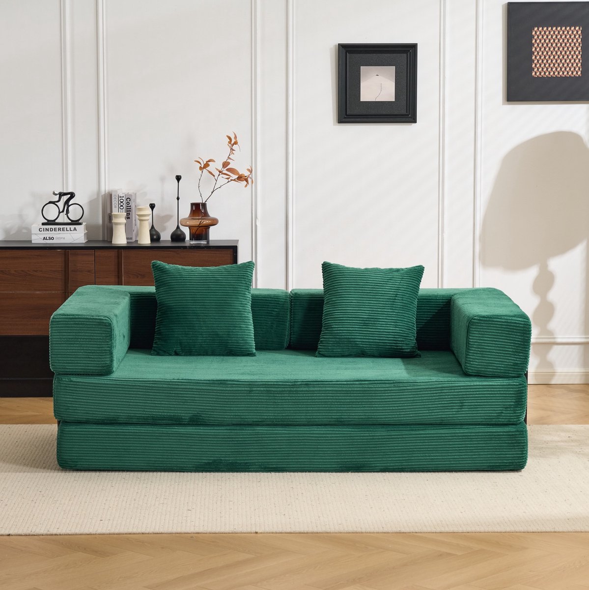 OKWISH Slaapbank 185 x 92,5 x 60 cm - Opvouwbare Vloerbank Met Slaapfunctie En Kussens - Voor Woonkamer Of Slaapkamer - Ribfluweel - Donkergroen