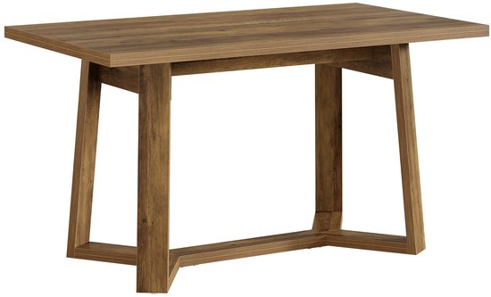 Eettafel met een bruin houtlook blad en een open, houten A-frame onderstel.