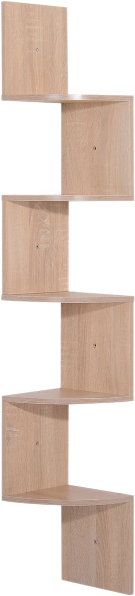 1 stuk - hoek wand opbergrek - lettervormig - 20 x 20 x 126 cm - 5 lagen - lichte eikenkleur