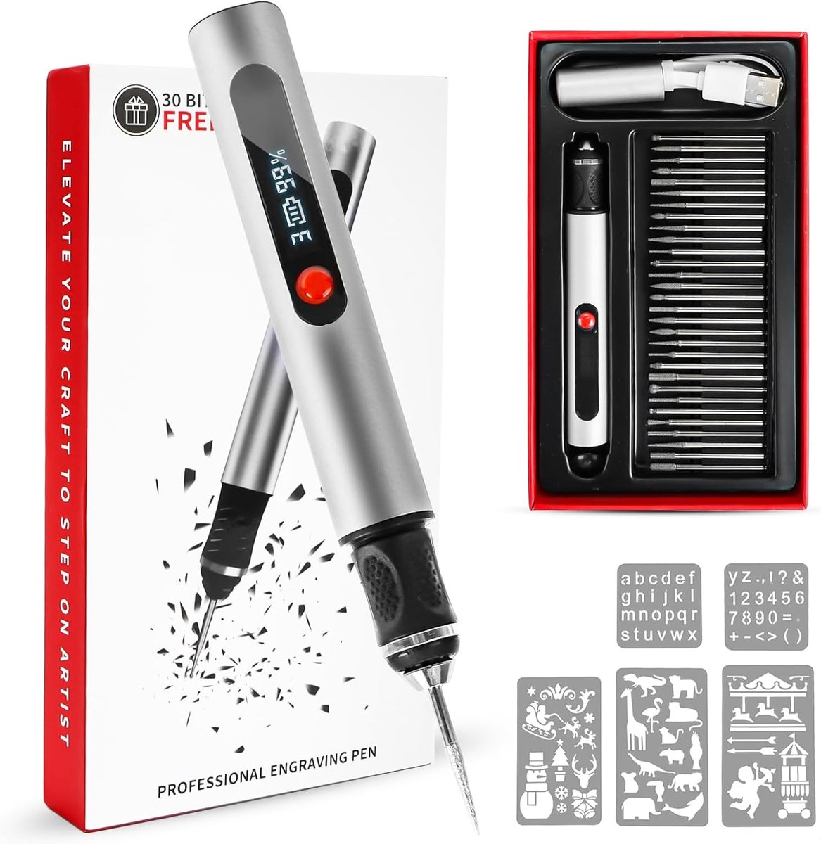 SnelShoppen - Draadloze Graveerpen Set - Oplaadbare Graveertool met 30 Bits en 5 Stencils voor Hout, Metaal, Glas, Plastic - Perfect voor Sieraden en