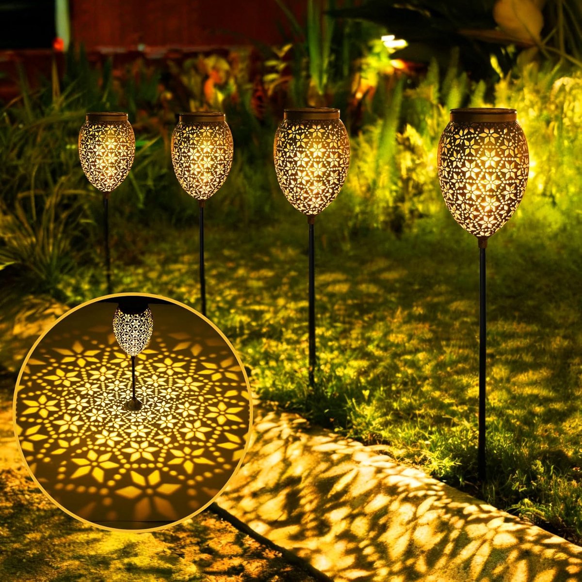 SnelShoppen - 4 Stuks Metalen Solarlampen Buiten - Oosterse Solarverlichting IP65 Waterdicht - Retro Tuinlampen voor Terras, Gazon en Patio (Zwart)