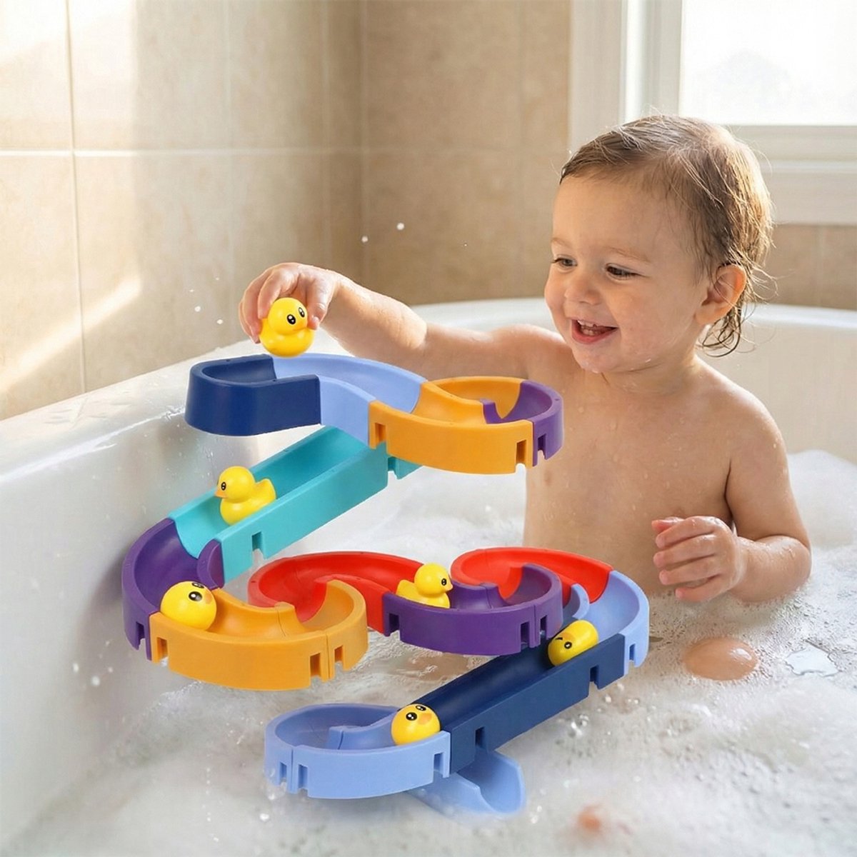 Waterbaan - Waterspeelgoed Voor Kinderen - Badspeelgoed - met Eendjes - ABS - Zuignappen - Open Buizen - Bouwset - voor Bad en Tegels - Educatief Cadeau