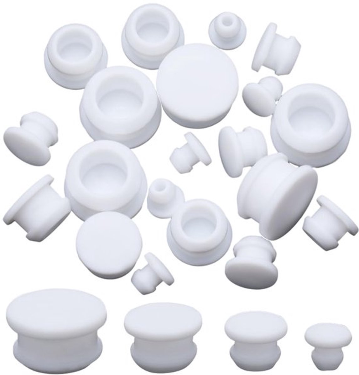 - Vervangbare zoutstopper - siliconenstoppers - wit - herbruikbare zoutdop - flesenkurken - 24 stuks - 4 maten - Geschikt voor shakers, potten en flessen - ronde eindkapjes - zout en peper - 5/8/11/15mm