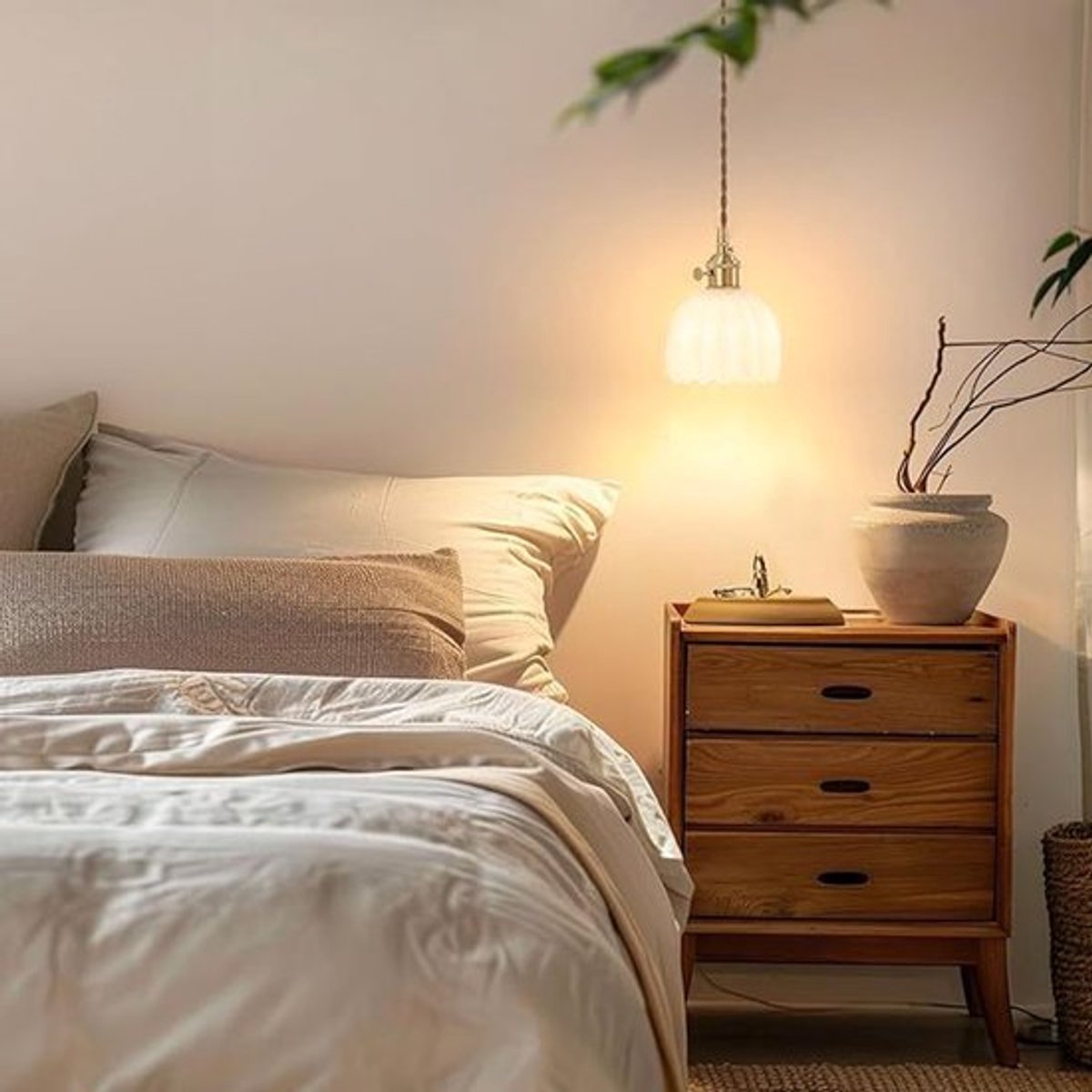 Vintage kroonluchter van amberkleurig glas en messing, verstelbare verlichting geschikt voor keukeneilanden, eetkamers en gangen.