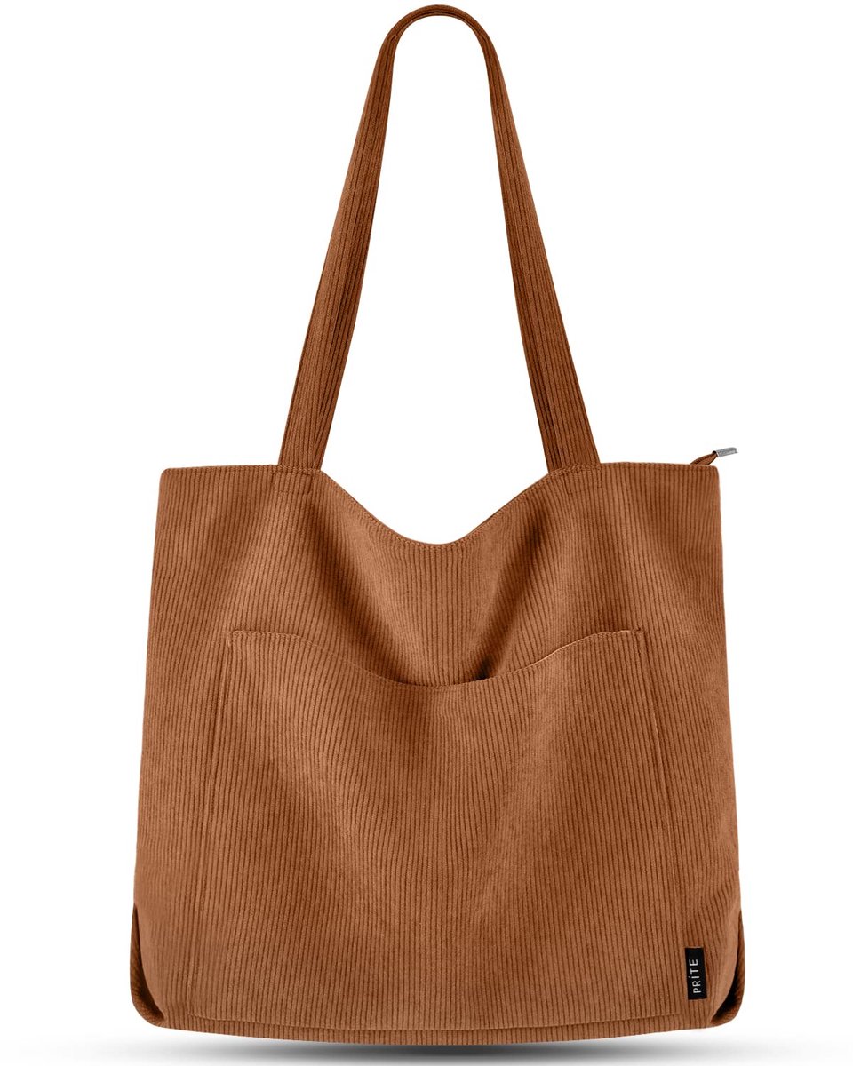 SnelShoppen - Grote Handtas Dames, Bruine Tote Bag, Shopper, Corduroy Buideltas, Stoffen Schoudertas voor College, School, Werk, Reizen, Winkelen, L