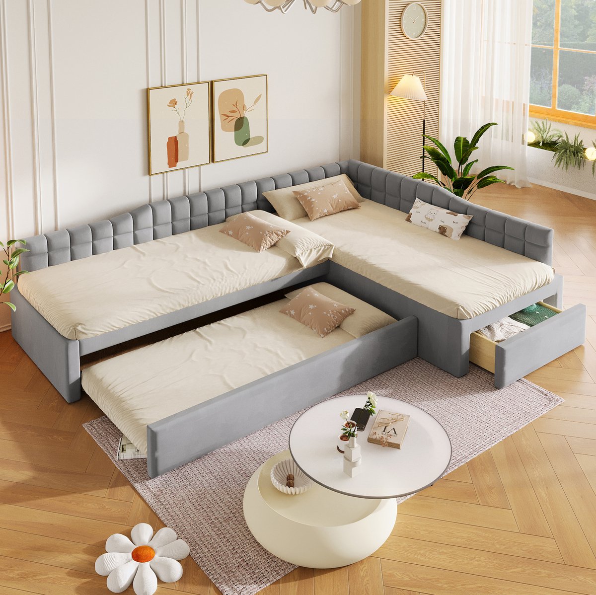 Gestoffeerd L-Vormig Bed 90x200 cm – Met Uitschuifbed en Lades – Ruimtebesparend Hoekbed – Kinderkamer en Logeerkamer – Stof – Grijs – Zonder Matras
