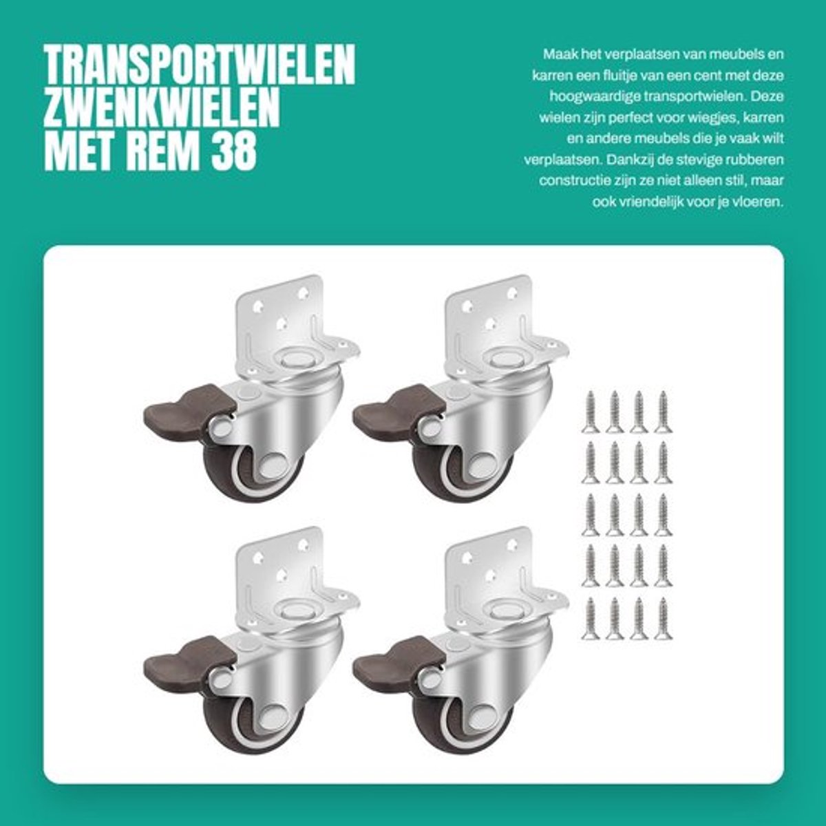 Meubelwielen 38 mm - Zwenkwielen met Rem - Rubber Wielen - Beugel/Platen - 4 Stuks - Laadcapaciteit 22 kg per Rol - Transportwielen