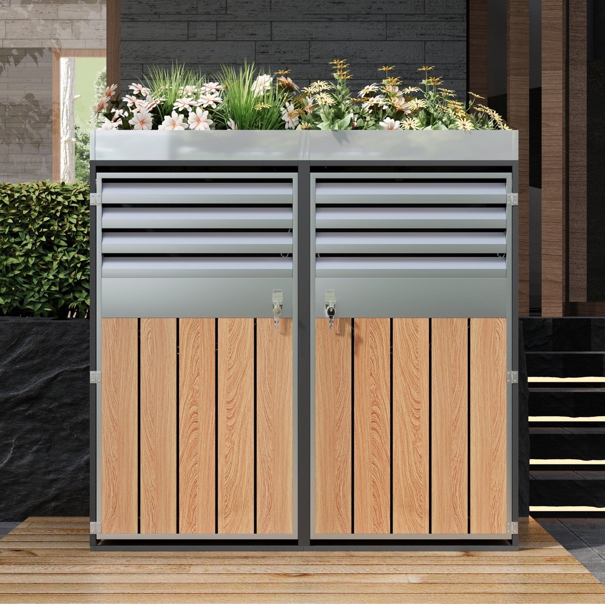 Containerberging Met Plantenbak - 4 Containers - Afsluitbaar - Verzinkt Staal - Grijs Houtlook - Buitenopslag