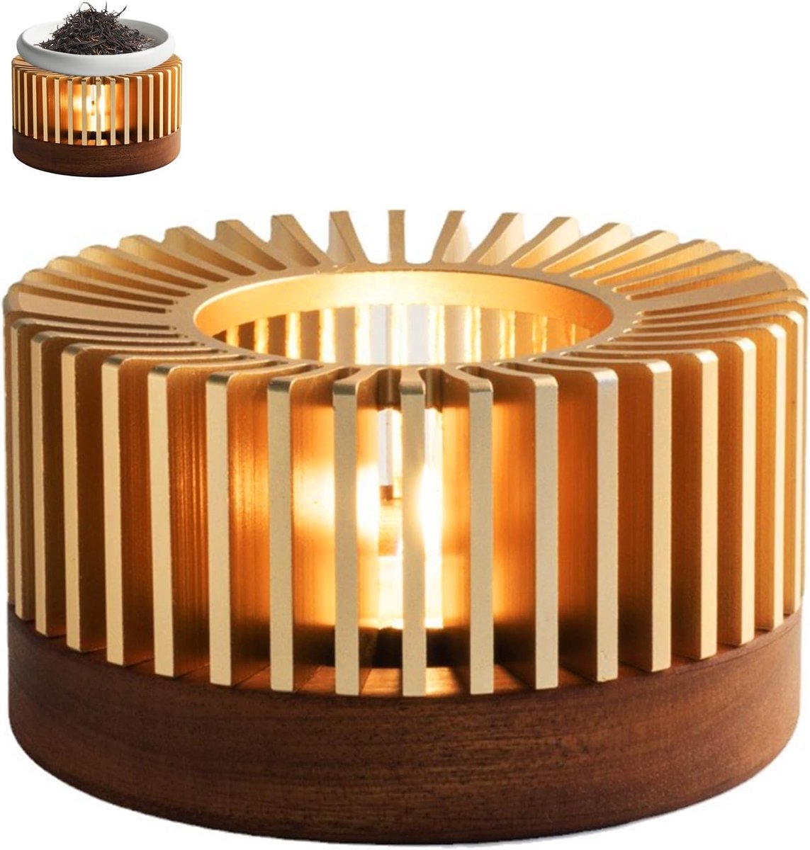 Stoofje voor theepot, koffiewarmer van geanodiseerd aluminium en hout, theepotverwarmer, basis met theelichthouder - ShopVlot