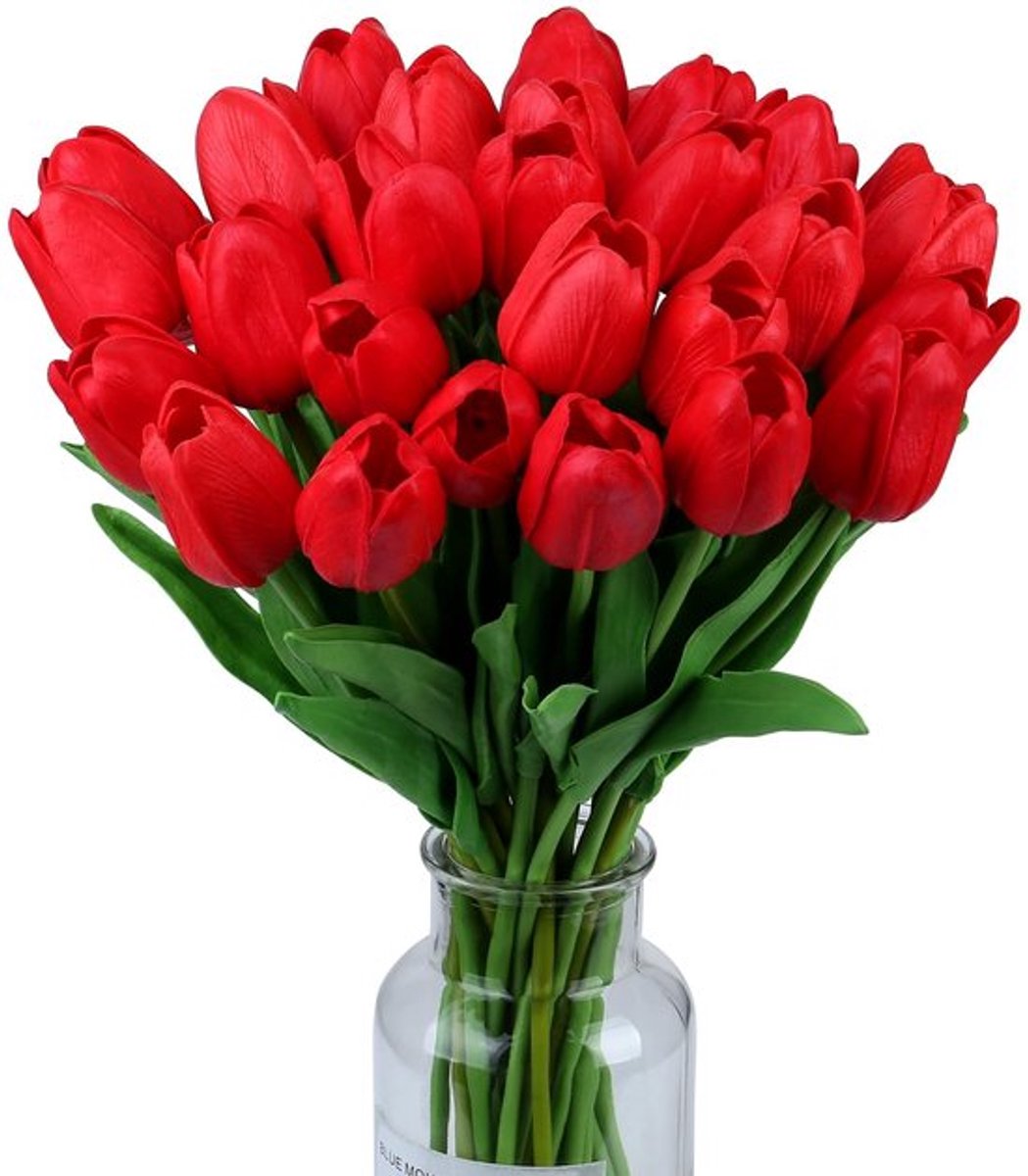 Wekuw 15 stuks realistische kunsttulpen voor boeketten van latex, tulpen om te knutselen, bruidsboeket, hotel, feest, kantoor, woondecoratie (rood)