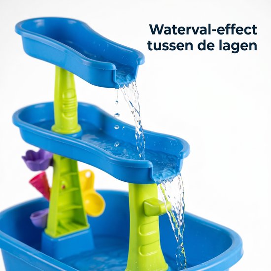 Blauwe en groene watertafel met water dat tussen de lagen stroomt.