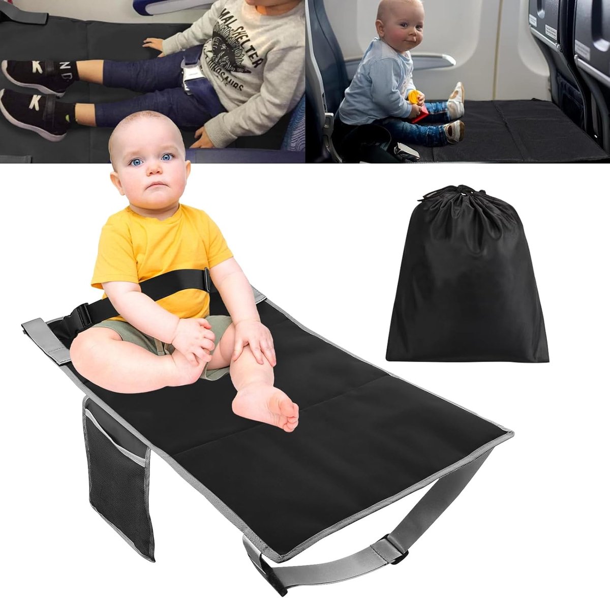 SnelShoppen - Kids Airplane Footrest voor Reizen - Draagbare Voetsteun voor Korte Vluchten, Zwart - Comfortabel en Ademend Materiaal