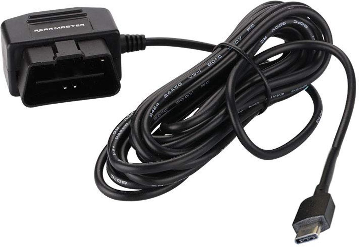 SnelShoppen - Auto Dashcam OBD Kabel met Dual Mode Schakelaar, 24 Uur Bewaking, ACC Modus, USB-C, 3.5m Kleur Zwart