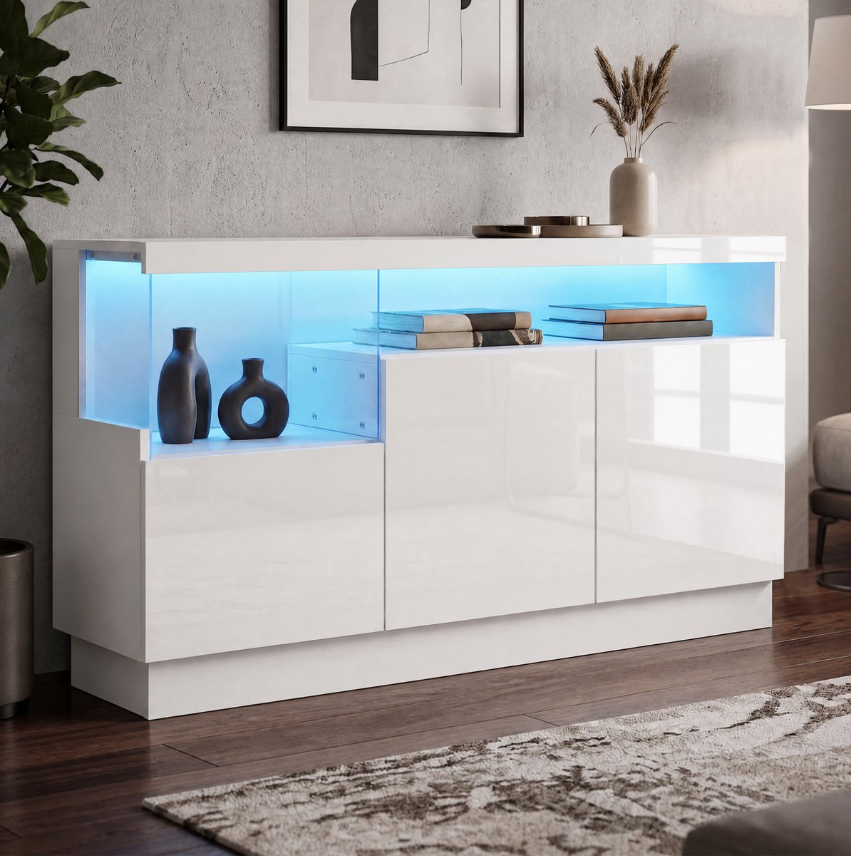 DESMIU Dressoir - Hoogglans Opbergkast Met App Bestuurbare LED En Acrylvak - Voor Woonkamer En Eetkamer - Spaanplaat En MDF - 140x36x80 Cm - Wit
