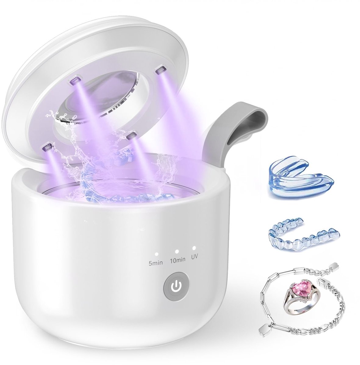 SnelShoppen - JeaTone Ultrasoon Reiniger met UV-Licht - 48000Hz Ultrasone Schoonmaker voor Kunstgebit, Beugel en Sieraden - 3 Modi Compact Draagbaar -