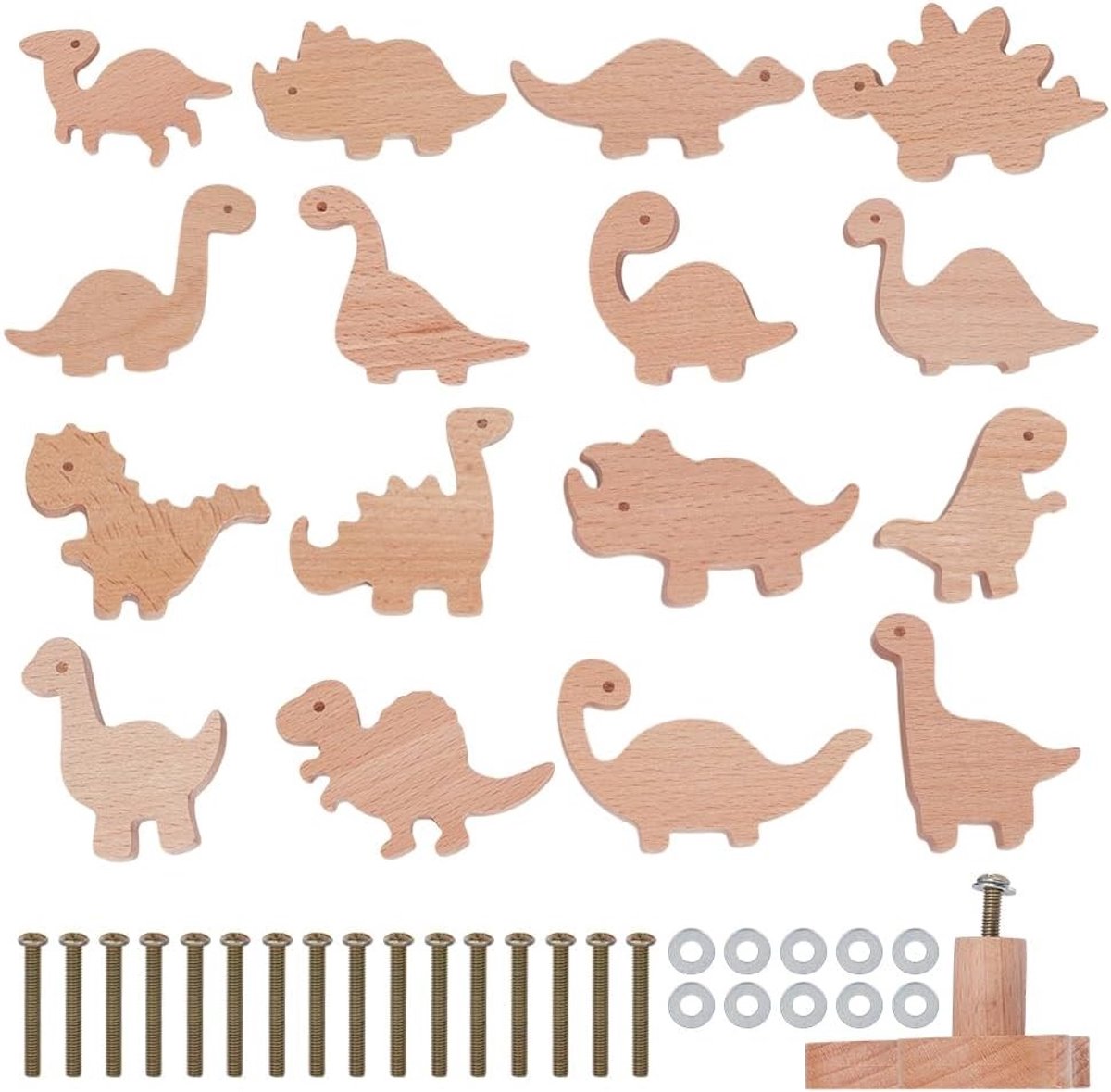 16 Stuks Houten Deurknoppen met Dinosaurus Motief voor Meubels, Laden en Kasten - Decoratieve Houten Handgrepen met Schroeven voor Thuisgebruik