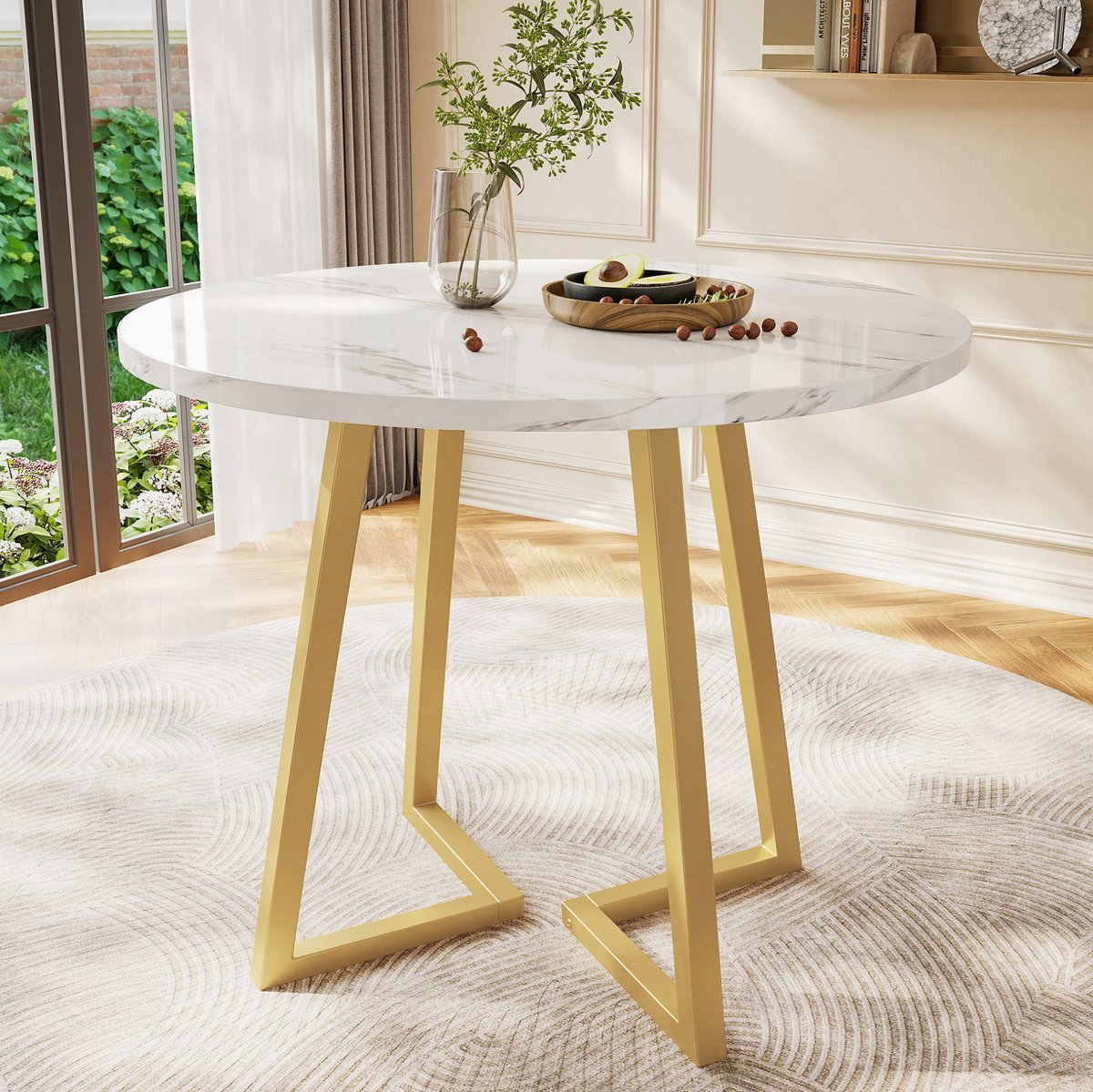 MEUNIQ Ronde eettafel 80 cm met marmereffect tafelblad en metalen onderstel, moderne keukentafel voor eetkamer, woonkamer of kantoor, wit en goud, hoogte 75 cm