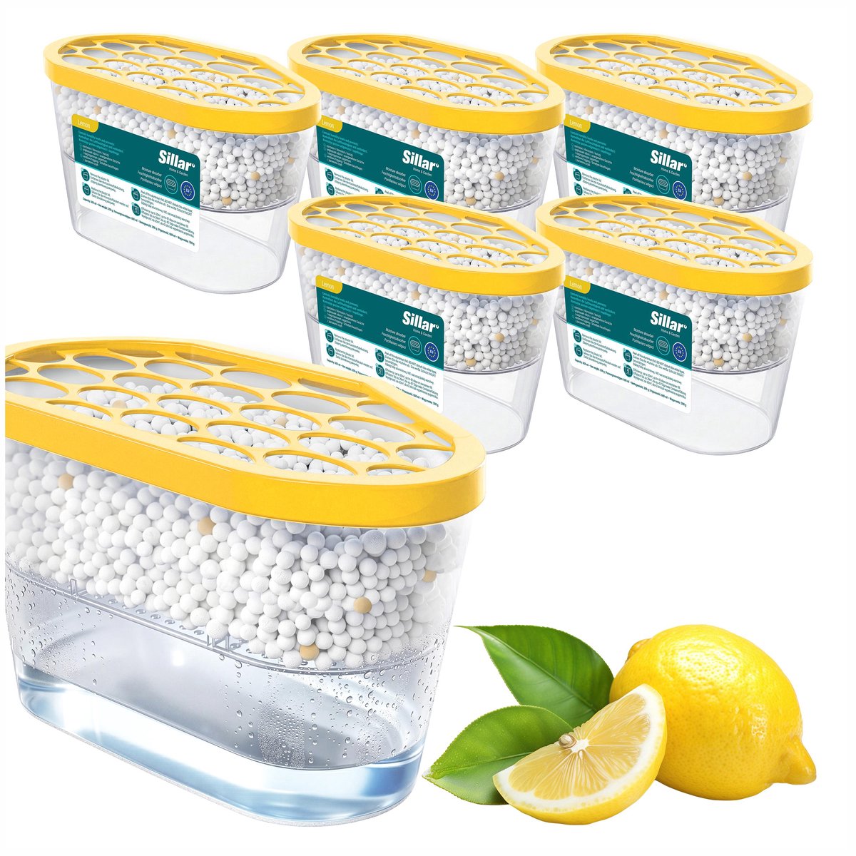 Sillar Set 6 vochtabsorbers 600ml - luchtontvochtiger - vochtopnemer voor kasten, kleerkasten, keuken, badkamer - citroengeur