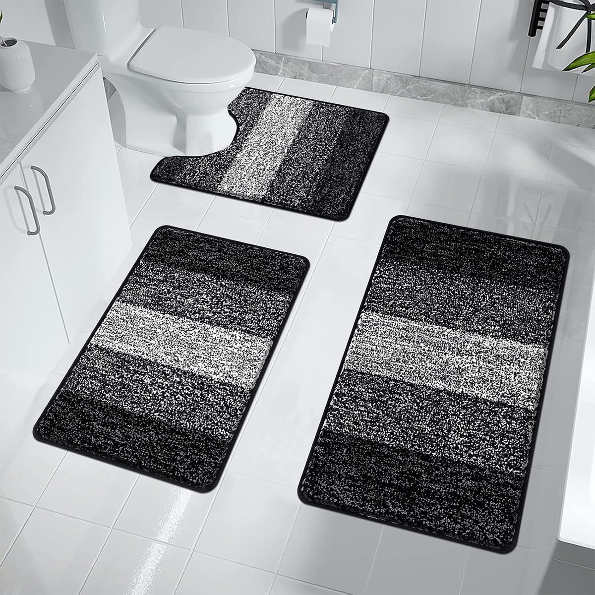SnelShoppen - Set van 3 Wasbare Antislip Badmatjes, Zacht Absorberend Microvezel Badkleed, Toiletmat en Badtapijt voor Badkamer en Slaapkamer, Zwart