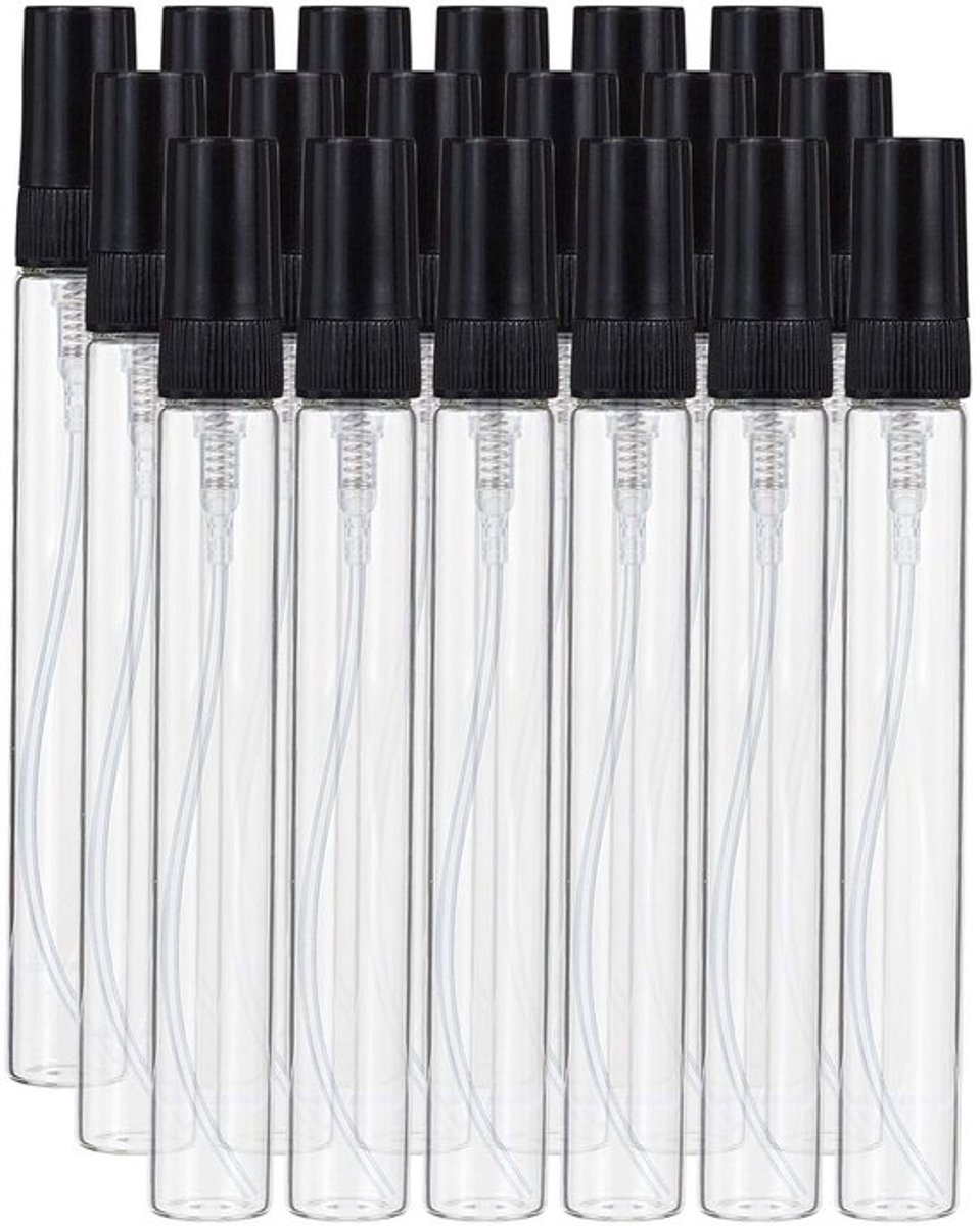 Spuitfles 10 ml - Mini Spuitflacon - Fijne Nevel - 25 Stuks - Transparant Glas - Pompdeksel Zwart - Nevelspuit