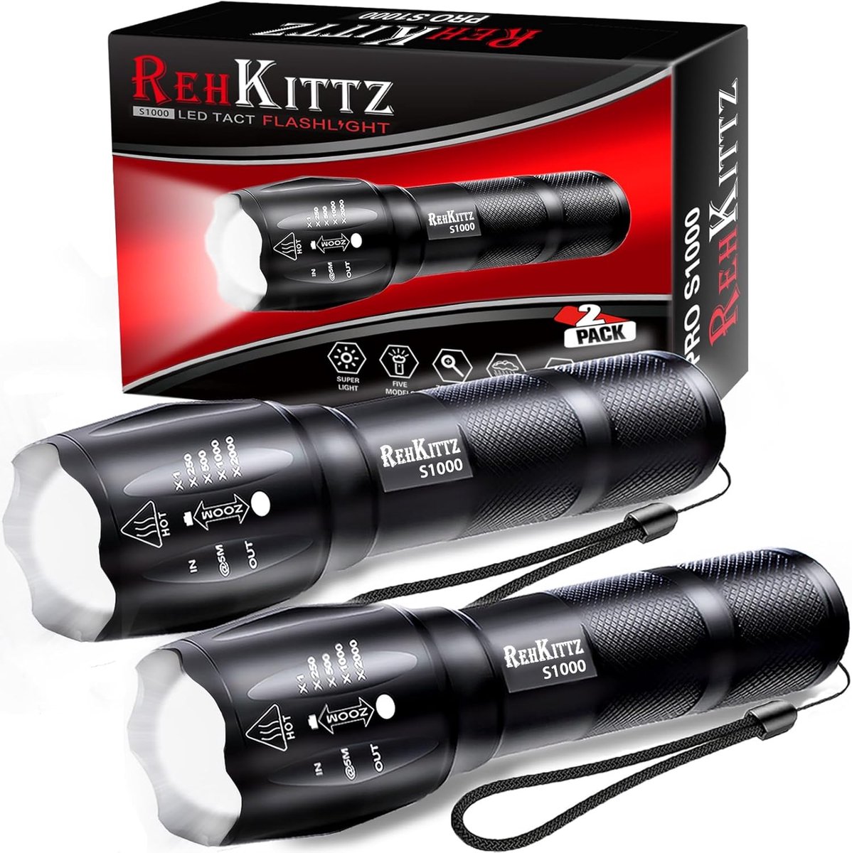 LED Zaklamp 2 Stuks – 2000 Lumen – Superheldere Zaklamp met Zoomfunctie – 5 Lichtstanden – Aluminium Behuizing – Waterbestendig