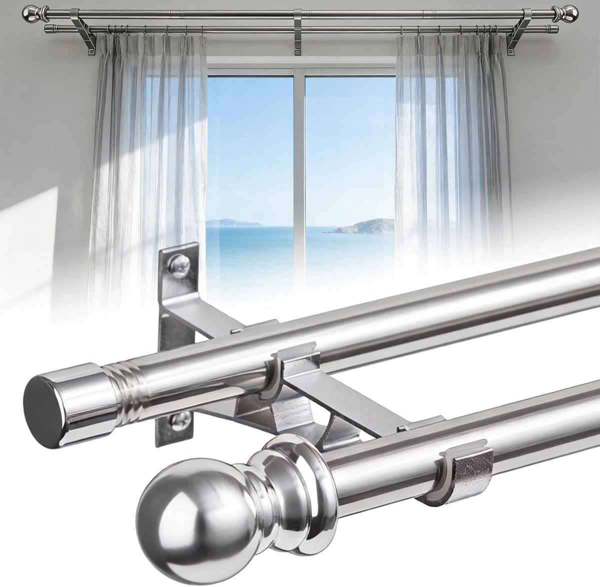 SnelShoppen - Dubbele Gordijnstangen 2,5 cm Dikte, Verstelbare Gordijnroeden 76-330 cm voor Slaande Glazen Deuren, Patios en Slaapkamers, Moderne Zilv