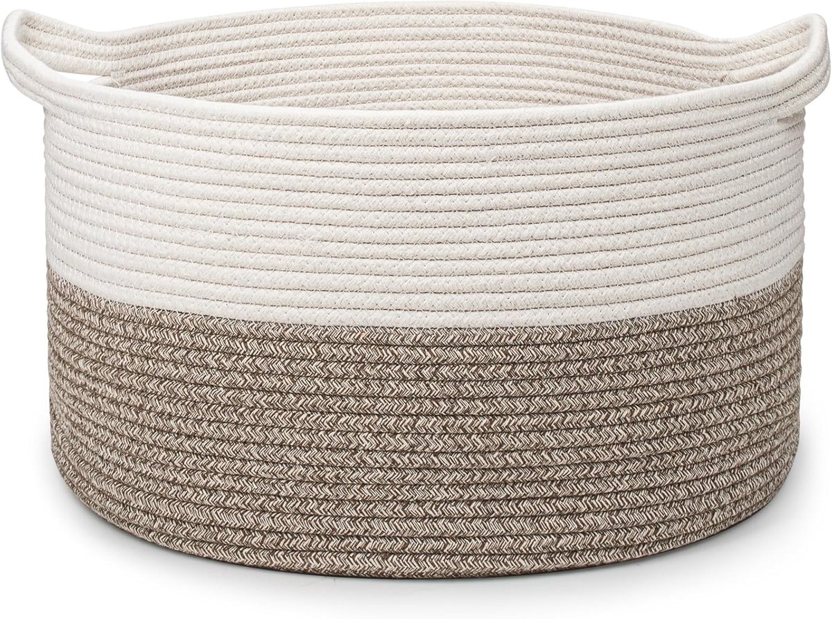 SnelShoppen - Cotton Rope Wasmand 32L Φ40 x H25 CM met Handvat - Vouwbare Opbergmand voor Kleding, Speelgoed, Dekens (Wit + Bruin)