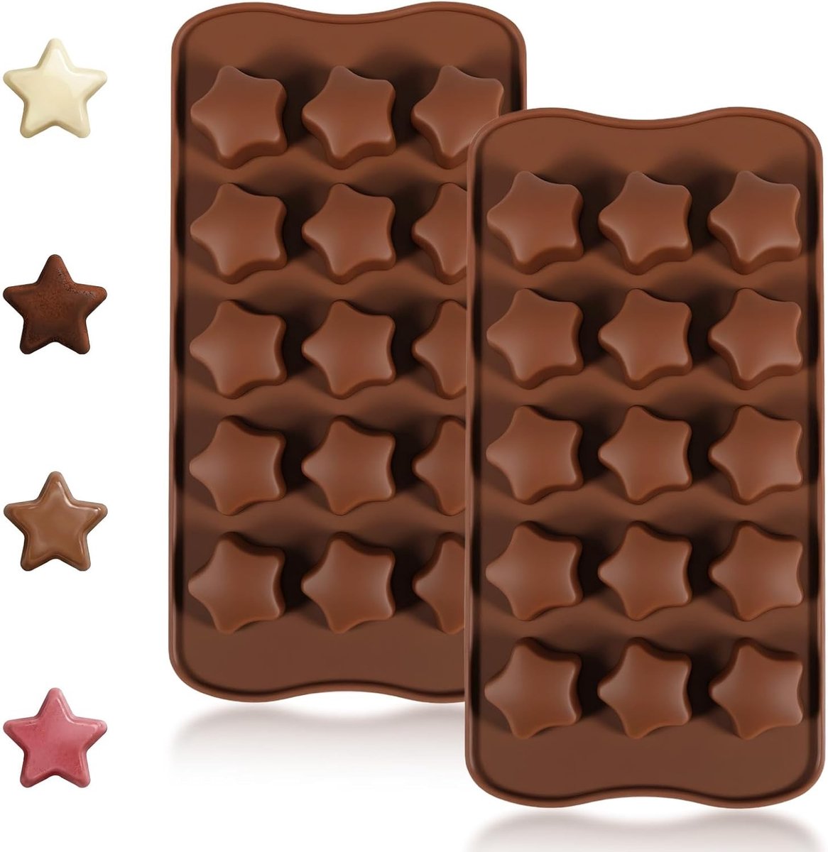Set van 2 siliconen stervormige mallen voor chocolade, bonbons, ijsblokjes en zeep - ideaal voor bakken en creatief koken, 15 vormen