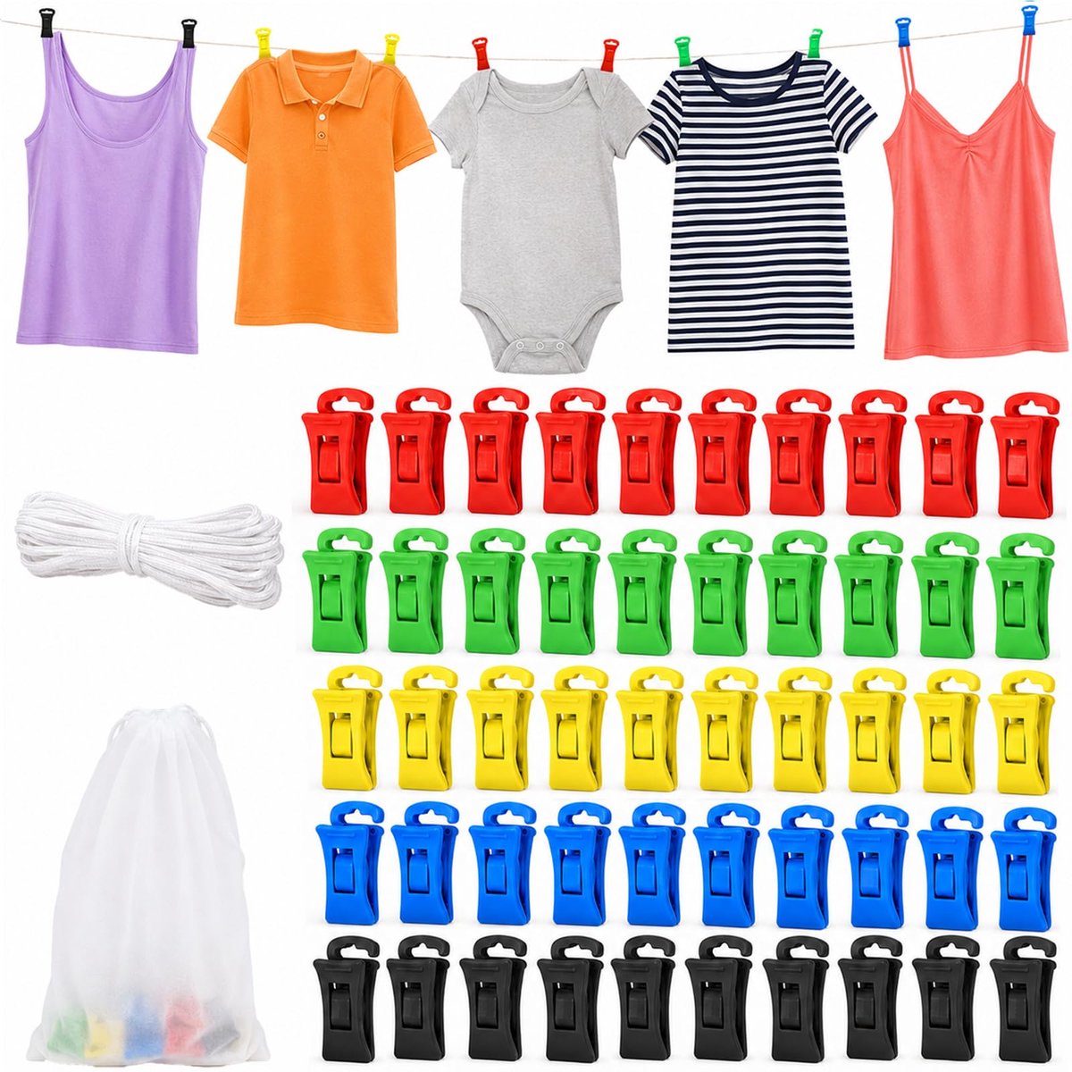 SnelShoppen - Set van 50 gekleurde sokkenklemmen met opbergtas en waslijn, perfect voor sokkenclips, sorteren en organiseren in de wasmachine en droge