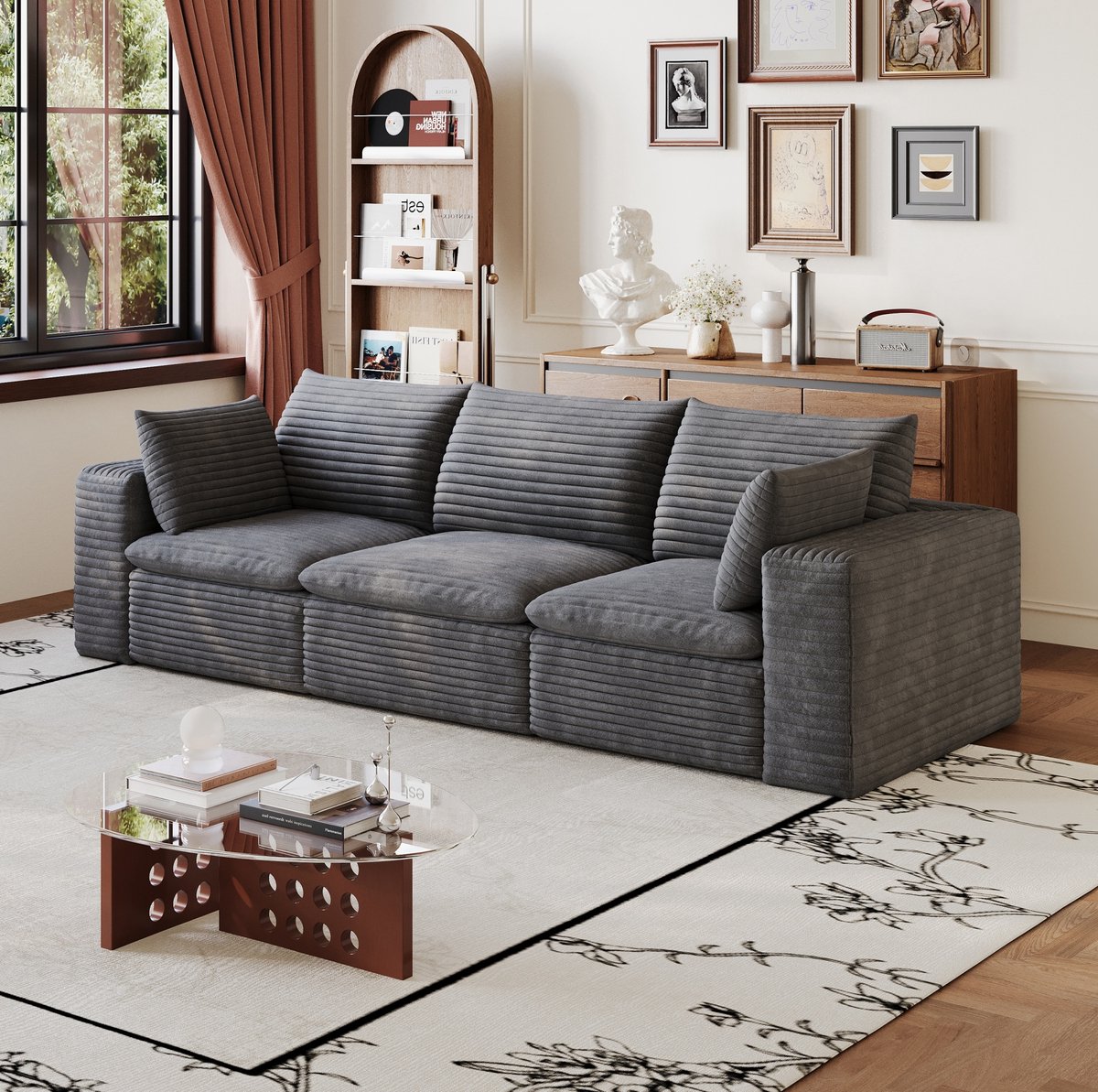 REDOM 3-zits bank - 260 cm - afneembare kussens - zonder montage - moderne woonkamerbank - corduroy stof - donkergrijs - 260 x 90 x 82 cm