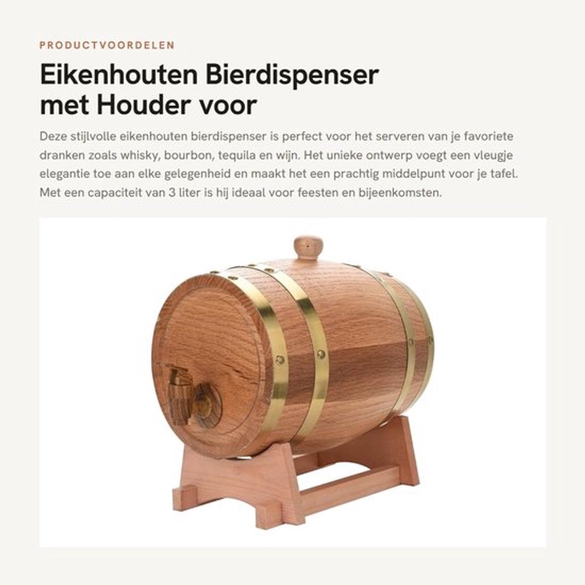 Bierdispenser 3L - Eikenhout - Houder voor Whisky/Bourbon/Tequila/Wijn - Uniek Design - Perfect voor Whisky-liefhebbers - Afmetingen 23,5 x 16 cm - Whiskyvat