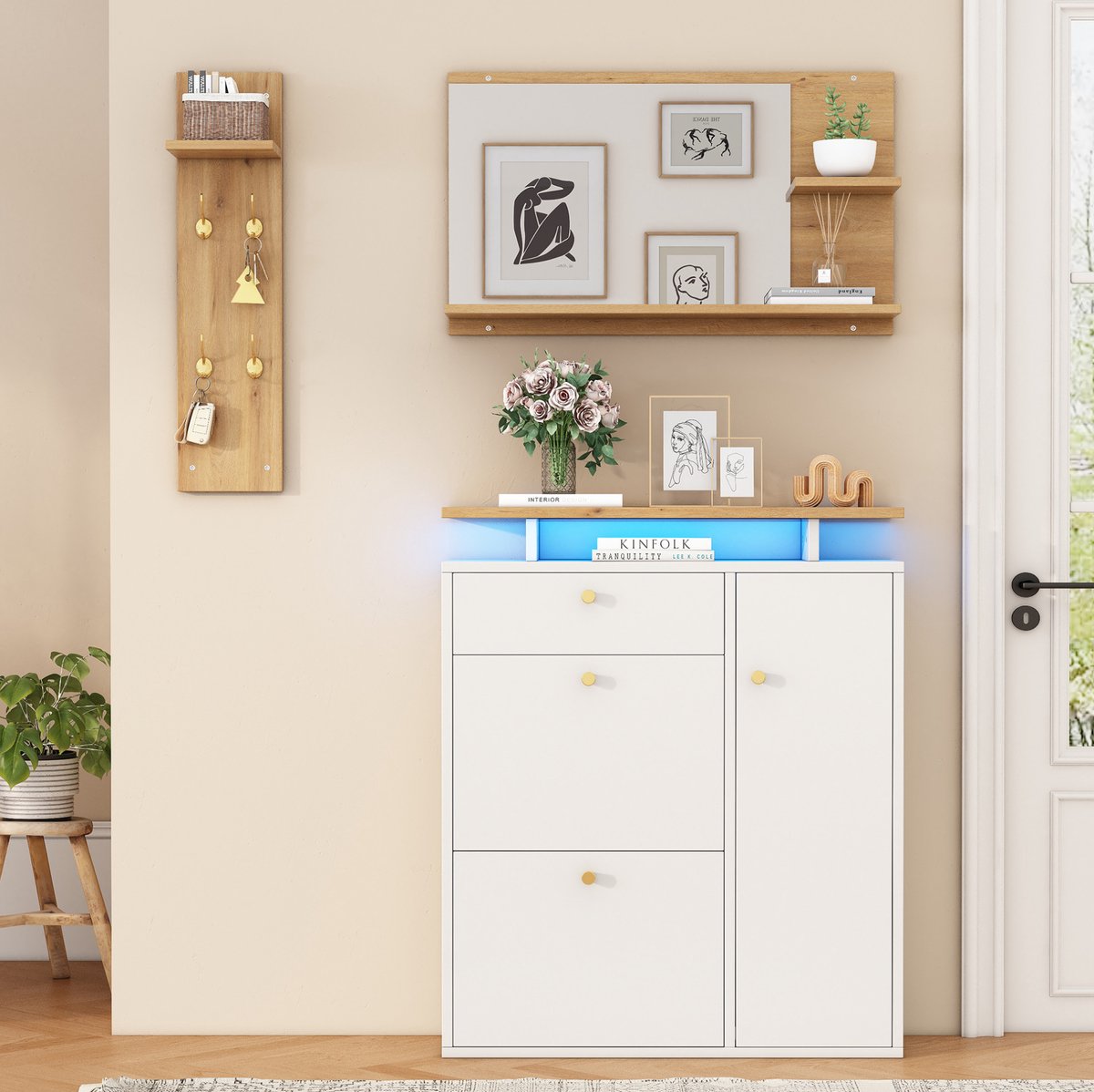 COVREO Schoenenkast 105 x 25 x 151,5 cm - wit en houtlook, met spiegel, LED en 4 haken