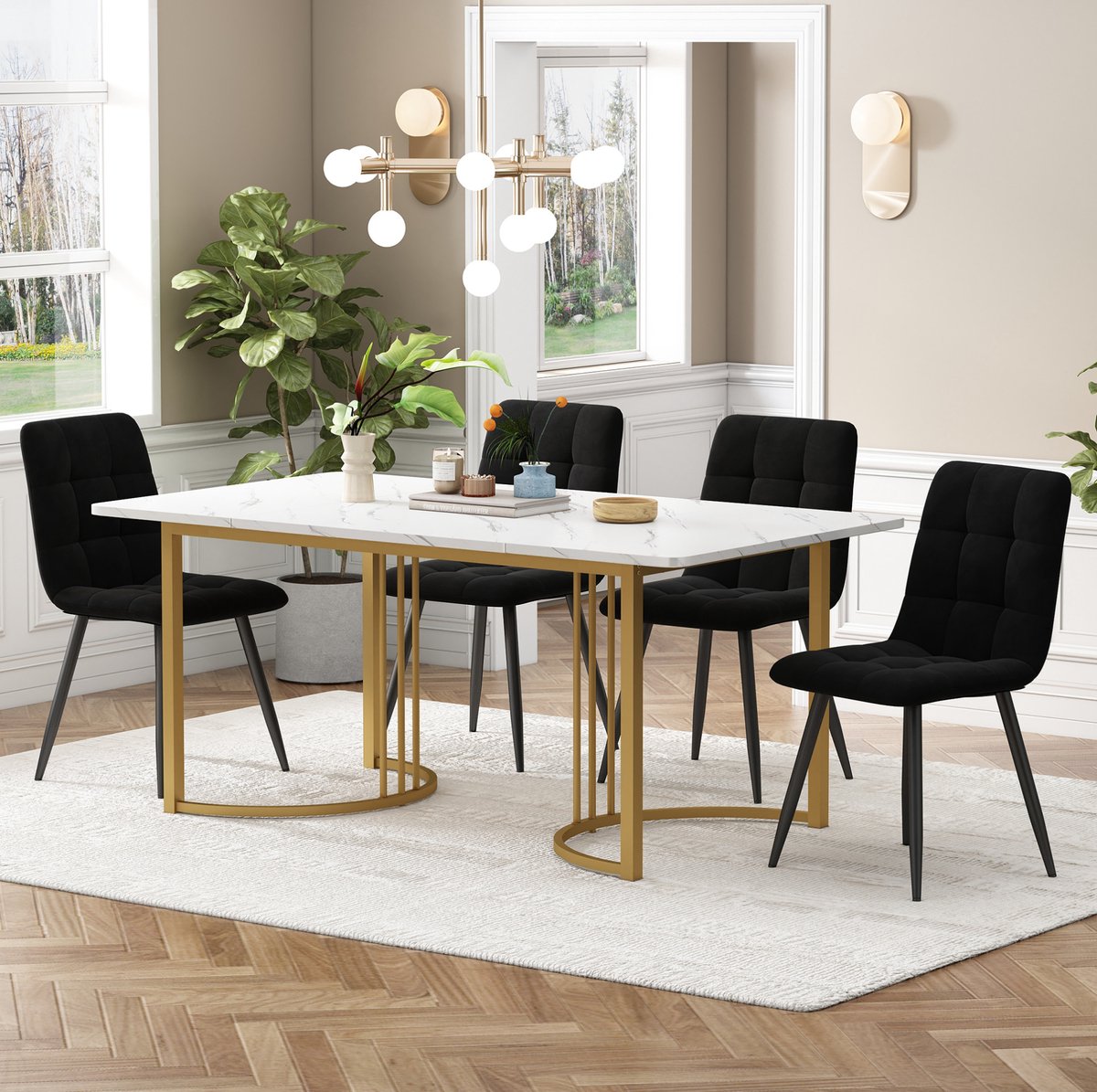 MEUNIQ 5-delige eetkamerset met eettafel 140 x 80 cm en 4 stoelen, moderne tafel en stoelen set voor eetkamer of keuken, wit tafelblad en zwarte fluwelen stoelen