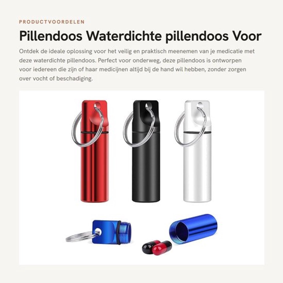 Pillendoos Waterdicht - Mini Pillendoos - Sleutelhanger - Aluminium - Robuust - 1,7 cm Diameter - 6 cm Hoogte - Medicijncontainer