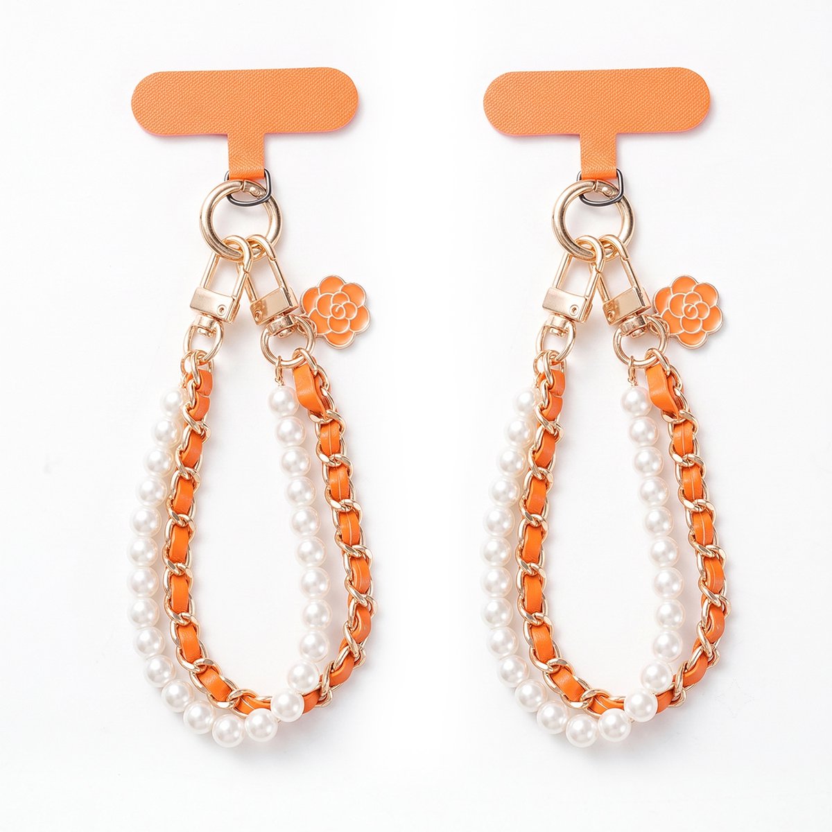 Mobiele telefoon bandje - Mobiele telefoonbandje in Chanel-stijl - Leren bandje met parels - Kort bandje - oranje kleur - Set van twee