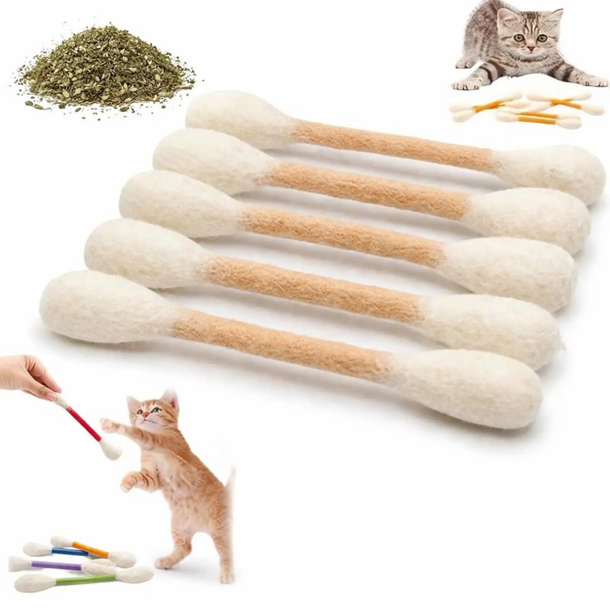 Groot Interactief Kattenspeelgoed – Wattenstaafje Met Catnip – Jachtspeelgoed voor Binnenkatten (Wit)