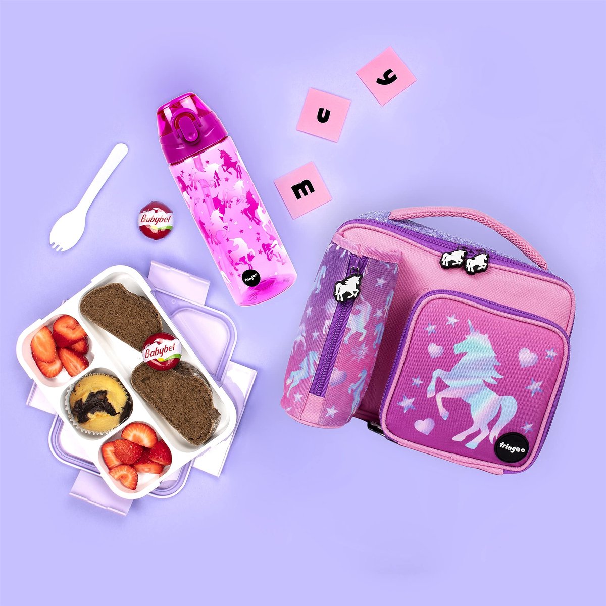 SnelShoppen - Fringoo Waterfles met Rietje voor Kinderen, 100% Lekvrij, BPA-vrij, 600 ml Eenhoorn Ombre voor School, Kinderdagverblijf, Sport en Reize